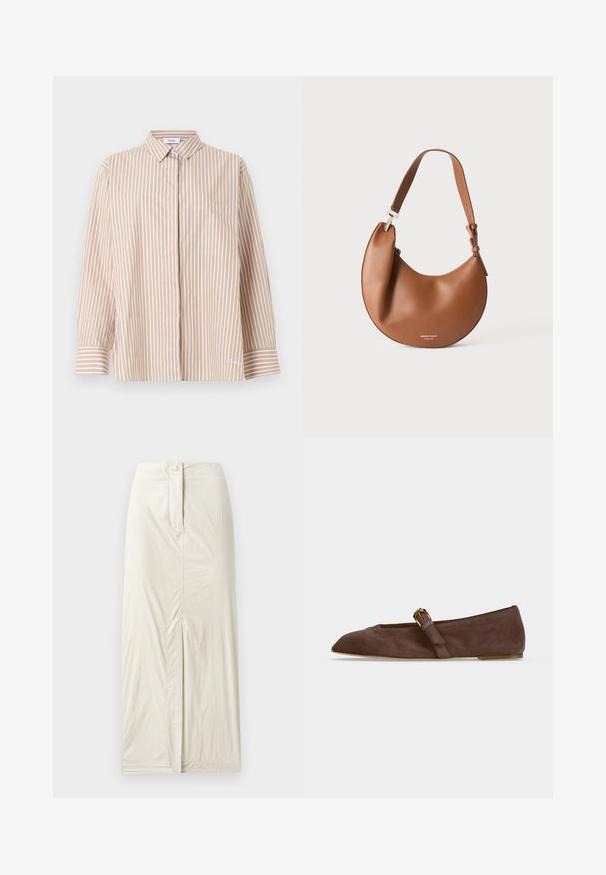 Camisa de rayas verticales beige y blancas de manga larga con cuello, un bolsillo delantero, puños abotonados y botones delanteros ocultos.; Falda de longitud hasta la rodilla en beige claro, hecha de una tela suave y texturizada. Presenta una abertura en la parte frontal y un cierre de botón en la cintura.; Zapato plano de ante marrón con punta en pico y correa con hebilla dorada a un lado, mostrado de perfil contra fondo blanco.; Bolso de hombro marrón de cuero en forma de media luna con correa ajustable y pequeño texto de logo plateado en la parte inferior central.