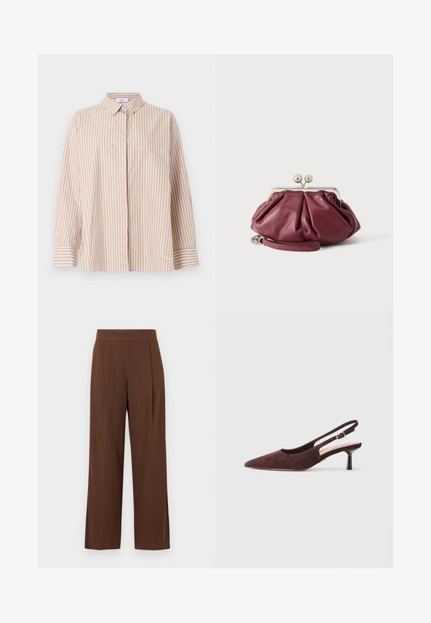 Beige und weiß gestreifte Langarmbluse mit Kragen, einer Brusttasche, Knopfmanschetten und verdeckter Knopfleiste vorne.; Braune Hosen mit weitem Bein und glatter Textur, ausgestattet mit einer flachen Vorderseite und Falten. Der Bund ist elastisch für Komfort und Passform.; Braune Wildleder-Slingback-Schuhe mit spitzer Zehenform und schmalem Absatz. Verfügt über einen verstellbaren Riemen mit einer Metall-Schnalle.; Kleine bordeauxrote Leder-Clutch mit silbernem Metallverschluss und Handgelenksriemen auf weißem Hintergrund.