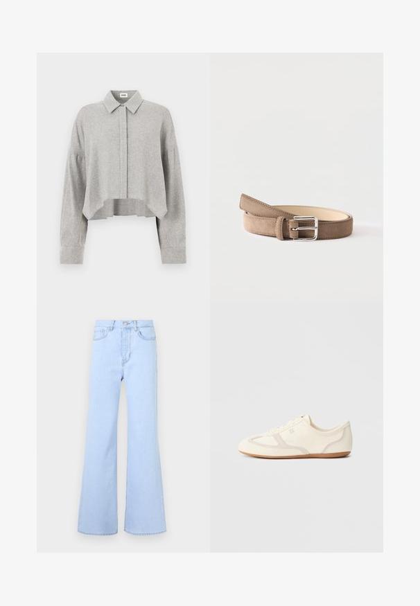 Grå cropped skjorte lavet af blødt stof med en krave, knaplukning foran og lange ærmer med tætsiddende manchetter.; Lyseblå flagrende jeans med høj talje, der har fem lommer, knaplukning og en glat denimstruktur. Kanten er pænt syet.; Sneakers i cremefarve med overdel i ruskind og stof, rundet tå og gummisål med beige detaljer. Snørelukning.; Taupe ruskindsbælte med sølvfarvet rektangulært spænde, rullet sammen og placeret mod en hvid baggrund.