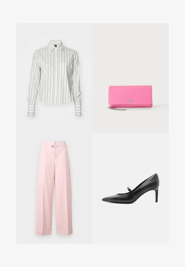 Camisa blanca de manga larga con finas rayas verticales negras, que cuenta con un cuello abotonado, bolsillo frontal y mangas con puños.; Pantalones de pierna ancha en rosa suave, con cintura alta, cinturón con hebilla plateada y pliegues sutiles para añadir estructura.; Zapato de tacón alto de cuero negro con punta puntiaguda, con tira fina y hebilla sobre el empeine, sobre fondo claro y neutro.; Bolso de mano de cuero texturizado rosa con logo plateado de cocodrilo y una correa de cadena plateada parcialmente visible sobre un fondo claro.