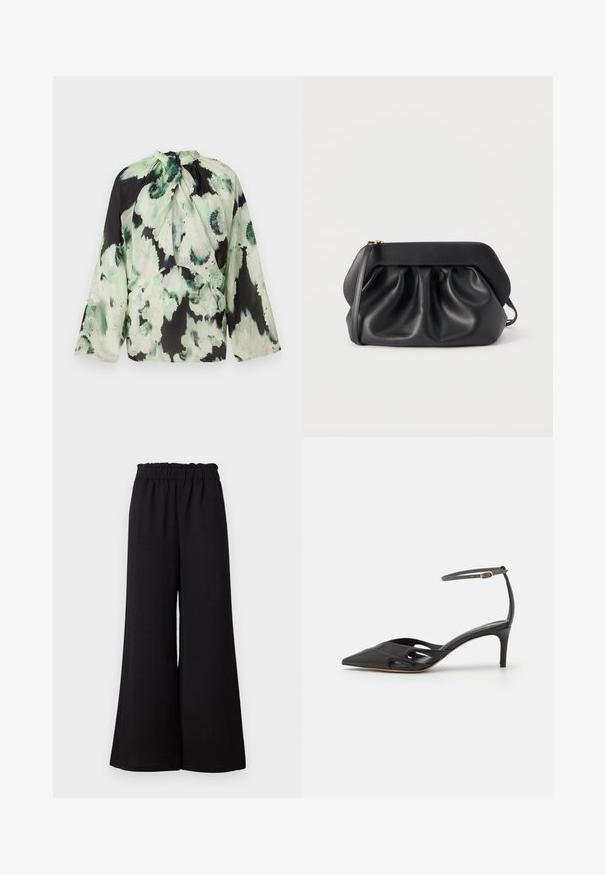 Langærmet bluse i let stof, med en sort bund og et grønt abstrakt blomstermønster samt en knyt-hals design.; Sorte vidde bukser med elastisk talje, lavet af tekstureret stof, med en loose fit og lige kanter.; Sort læder højhælet sko med spids tå, åbne sider og en tynd ankelrem med en lille guld detalje.; Sort læderclutch med struktureret ramme, rynkedetaljer og en slank håndledsrem på hvid baggrund.