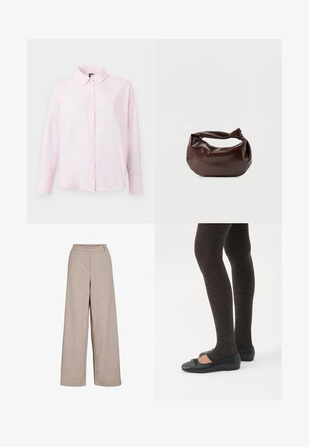Camisa de manga larga rosa claro, con botones en la parte delantera, cuello clásico, hecha de una tela suave, con un corte relajado y una textura lisa.; Pantalones anchos beige hechos de tejido liviano. Cuentan con una textura suave, una cintura ajustada y bolsillos laterales para un detalle funcional.; Piernas con leggings oscuros acanalados combinados con bailarinas negras que presentan pequeños detalles de lazo sobre un fondo blanco.; Bolso de hombro de cuero marrón oscuro con una forma suave y caída, y un asa con nudo torcido sobre un fondo blanco liso.