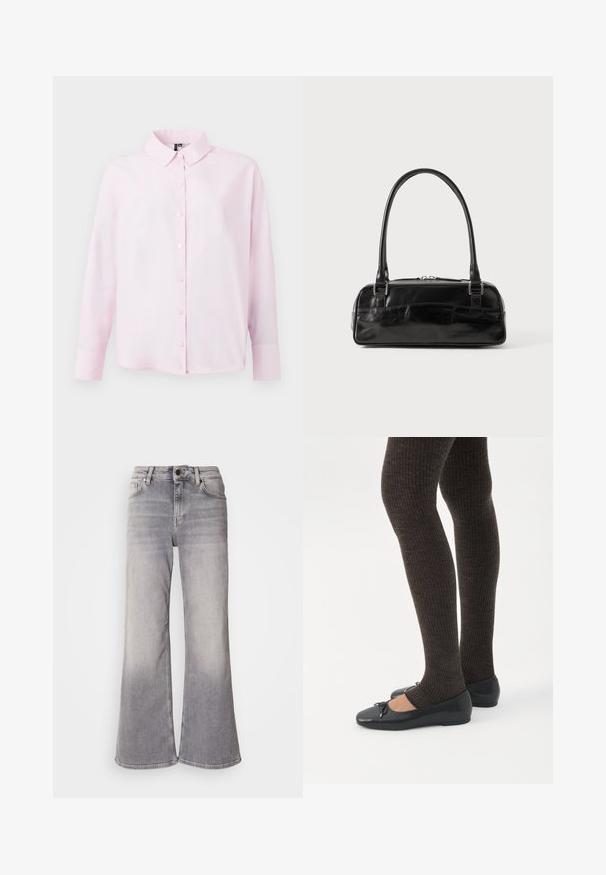 Lichtroze langemouw shirt, knoopsluiting aan de voorkant, klassieke kraag, gemaakt van zachte stof, met een losse pasvorm en een gladde textuur.; Mos Mosh HERA - Flared Jeans - grey; Benen met donkere geribbelde leggings gecombineerd met zwarte ballerina's met kleine strikdetails op een witte achtergrond.; Zwarte leren handtas met een rechthoekige vorm, voorzien van een enkele gestructureerde handgreep, zilveren hardware en ritsluiting. Gladde textuur.