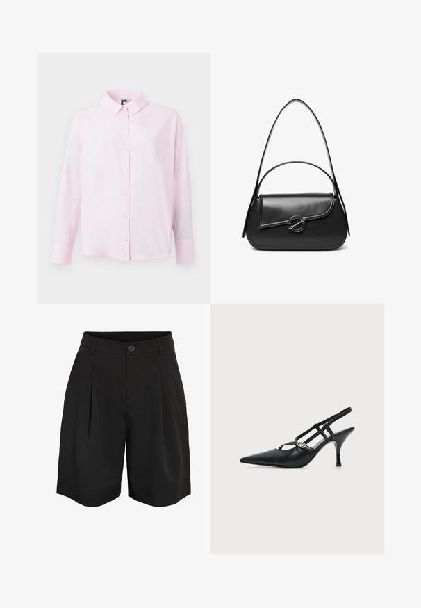 Lichtroze langemouw shirt, knoopsluiting aan de voorkant, klassieke kraag, gemaakt van zachte stof, met een losse pasvorm en een gladde textuur.; Zwarte op maat gemaakte knielange shorts met knoopsluiting, taillebandlussen en plooien aan de voorkant.; Zwarte leren slingback met puntige neus, dunne bandjes en een kleine zilveren siergesp aan de zijkant.; Zwarte leren schoudertas met een gebogen klep die is bevestigd met een ronde metalen sluiting en een smalle, verstelbare band.