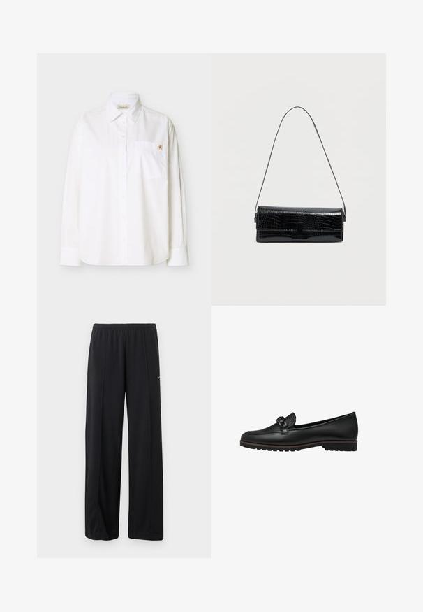 Camisa blanca de manga larga hecha de algodón. Cuenta con un cuello puntiagudo, botones frontales, bolsillo en el pecho izquierdo y un pequeño logo bordado.; Pantalones deportivos Nike negros de ajuste holgado con cintura elástica y un sutil logo blanco de swoosh en el muslo izquierdo.; Mocasines de cuero negro con un acento trenzado en la parte delantera, suela de goma plana y detalles de costura a lo largo del borde.; Bolso de hombro de cuero sintético negro con textura de cocodrilo, forma rectangular, textura brillante, con una correa delgada ajustable y cierre de solapa frontal.