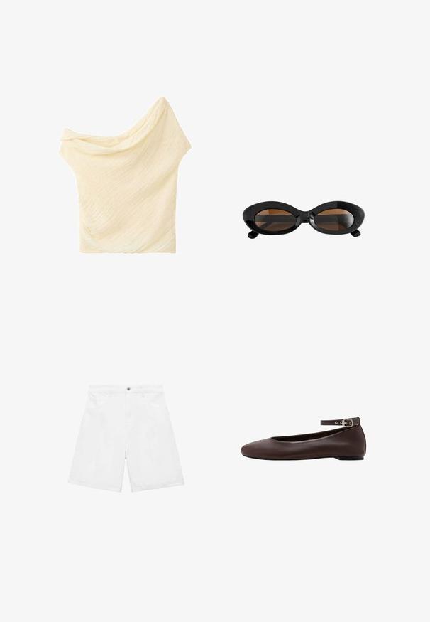 Halstørklæde i cremet, let, tekstureret stof foldet med bløde bølger og fine folder på hvid baggrund.; Hvide denim shorts med lige pasform, der har to forreste lommer, knaplukning og diskrete syninger.; Mørkebrune flade sko med rund tå og justerbar ankelrem med sølvspænde på hvid baggrund.; Sorte ovale solbriller med tykke stel og brune tonede glas, vist mod en hvid baggrund.