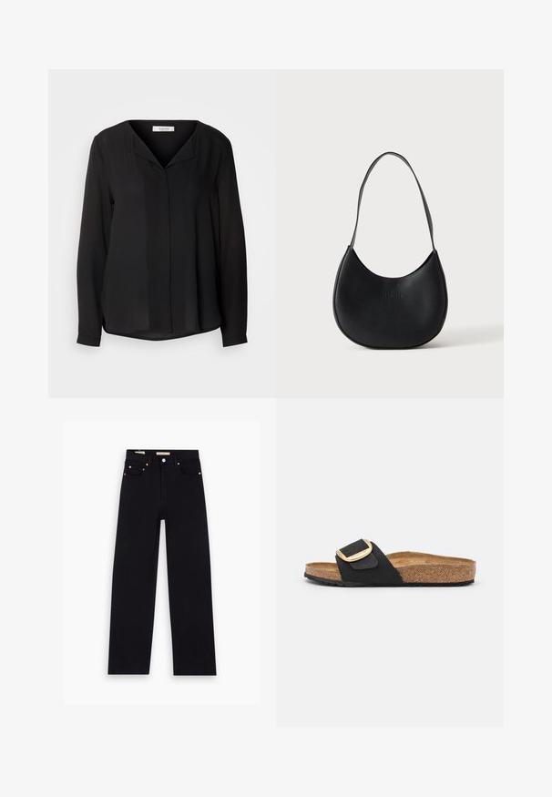 Schwarze Bluse mit langen Ärmeln, V-Ausschnitt, vorderem Knopfverschluss und leicht abgerundetem Saum. Der Stoff wirkt glatt und leicht.; Schwarze Denim-Jeans mit geradem Schnitt, fünf Taschen, Kupferbeschlägen und einer glatten Textur. Zwei Etiketten sind am Bund sichtbar.; Schwarze Wildleder-Sandaletten mit Korkfußbett, ausgestattet mit einem goldenen Metallverschluss. Flache Sohle, offenes Design. Strukturierte Oberfläche.; Schwarze Leder-Schultertasche in halbmondförmigem Design mit einem einzelnen Trageriemen und dezent geprägtem Markennamen auf einfarbig hellem Hintergrund.