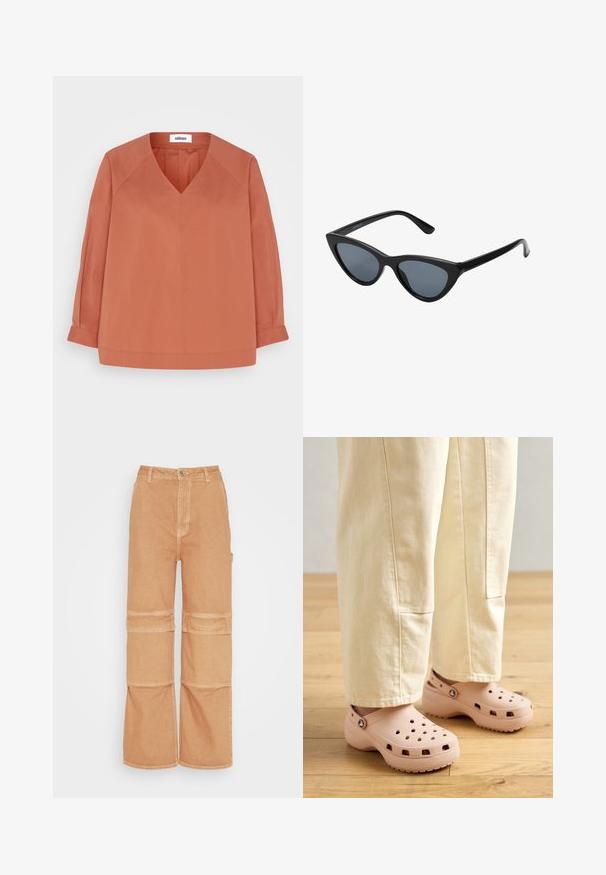Minimum AMAS - Blouse - copper brown; Samsøe Samsøe Relaxed fit jeans - earth; Lichtroze klompen van rubber, met ventilatiegaten, een gevormde pasvorm en een geprofileerde zool voor grip. Draagt in combinatie met lichtbeige broek.; Zwarte cat-eye zonnebril met donkergrijze lenzen, slank plastic frame, puntige hoeken en rechte pootjes. Geen zichtbare hardware of accenten.