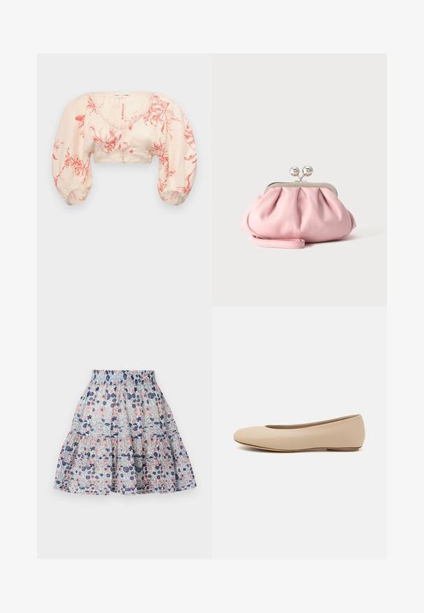 Afskåret bluse i lys beige med rødt blomster mønster. Har pufærmer og V-halsudskæring. Lavet af letvægtsstof med en glat tekstur.; Blomstret nederdel i lyseblå, med pink og marineblå blomster. Lagdelt design med elastisk talje og blødt, struktureret stof.; Beige læder balletflade med afrundet tå, minimal sømdetaljering, lav hæl og subtilt logo på bagsiden. Glat, mat tekstur.; Lille blød lyserød clutchpung med sølvfarvet metalramme og rund lås, hvilende på en flad lys overflade med håndledsrem foldet foran.
