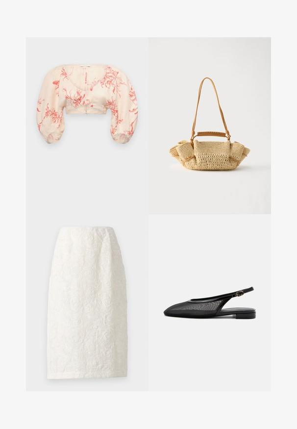 Afskåret bluse i lys beige med rødt blomster mønster. Har pufærmer og V-halsudskæring. Lavet af letvægtsstof med en glat tekstur.; Knelang hvid nederdel med et tekstureret blomstermønster, der har hævede rosedesigns og en subtil glans. Enkel, lige silhuet.; Sort slingback flad sko med spids tå, mesh overdel, justerbar spænde rem og lav stablet hæl på hvid baggrund.; Vævet beige håndtaske med en lang tynd strop og opsamlede sider, med et kort håndtag indpakket i læder til forskellige bære muligheder.