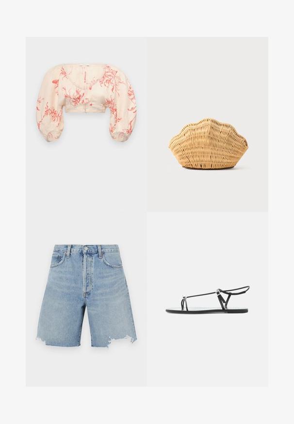 Kuttet bluse i lys beige med rødt blomstermønster. Har puffermer og V-hals. Laget av lett stoff med en glatt tekstur.; Lyseblå denimshorts med høy midje, som har en frynset kant, to frontlommer og et klassisk femlomme-design.; Svart flat sandal med tynne remmer, en tåsløyfe og en justerbar ankelspenne på en lys grå bakgrunn.; Vevd rattan håndveske formet som en kamskjell med naturlig lyst brun farge og avrundede, strukturerte kanter.