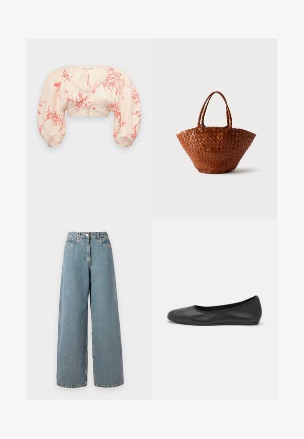 Blusa corta en un tono beige claro con un patrón floral rojo. Presenta mangas abullonadas y un escote en V. Está confeccionada con un tejido ligero y de textura suave.; Jeans de denim de tiro alto, de color azul claro, de pierna ancha, con cierre frontal, botón de cierre y bolsillos delanteros.; Bailarina de piel negra con punta redondeada, textura suave, detalle de costura minimalista y diseño de suela flexible.; Bolso de mano marrón de cuero tejido con base ancha que se estrecha hacia arriba y dos asas trenzadas, mostrado sobre un fondo claro y liso.