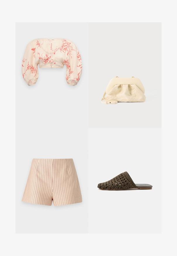 Korte blouse in lichtbeige met rode bloemenpatroon. Heeft pofmouwen en een V-hals. Gemaakt van lichte stof met een gladde textuur.; Gestreepte shorts in een lichtbeige stof met dunne rode verticale lijnen. Heeft een vlakke voorkant met minimale plooien en een rechte snit.; Bruine geweven instap mule met een platte zool en gesloten afgeronde neus op een witte achtergrond.; Crèmekleurige stoffen handtas met bloemrijke borduursels, zachte afgeronde bovenkant en verstelbare band, plat gelegd op een lichtgrijze achtergrond.