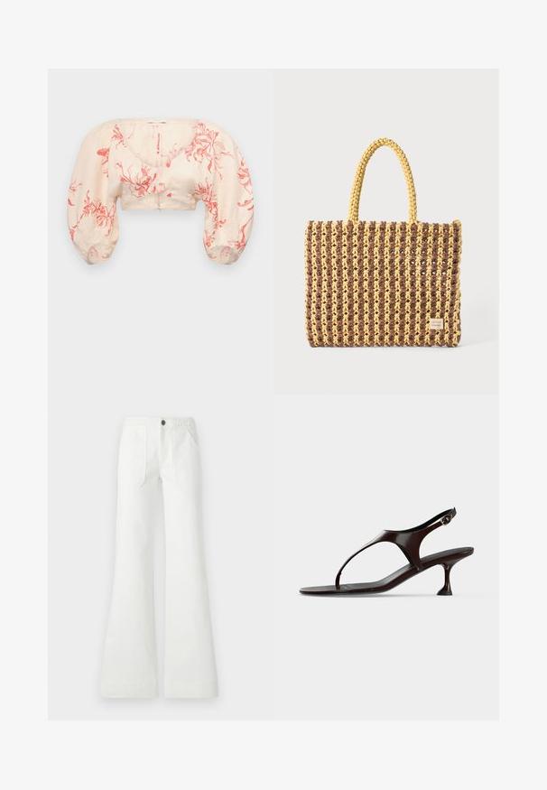 Blouse courte en beige clair avec un motif floral rouge. Présente des manches bouffantes et un décolleté en V. Fabriquée en tissu léger avec une texture lisse.; Pantalon évasé blanc en tissu tissé, avec une ceinture tressée, deux poches avant et une texture lisse. Fermé avec un bouton noir.; Sandale slingback en cuir verni marron foncé avec petit talon et bride entre les orteils sur fond blanc.; Sac tissé marron et jaune, de forme rectangulaire, avec deux poignées, et une finition texturée avec des coutures visibles et une étiquette de marque.
