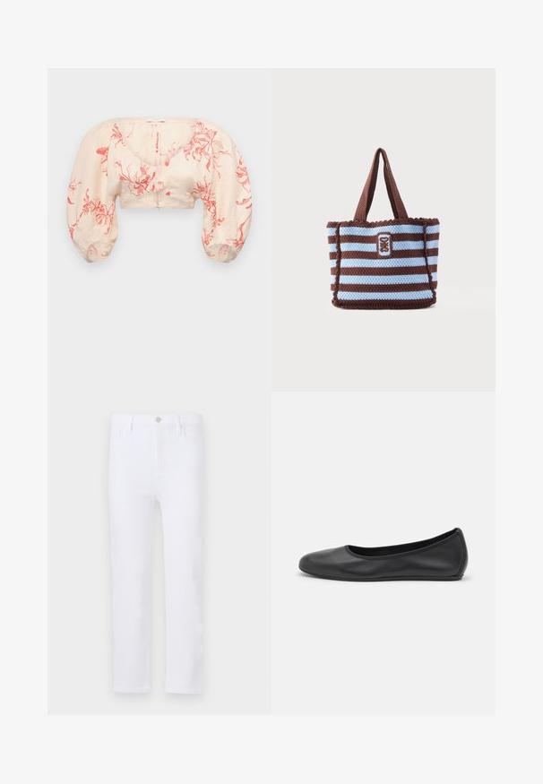 Blouse courte en beige clair avec un motif floral rouge. Présente des manches bouffantes et un décolleté en V. Fabriquée en tissu léger avec une texture lisse.; Jean en denim blanc avec une coupe droite, comportant des passants de ceinture, des poches avant et une fermeture éclair. Texture lisse et couleur uniforme sur toute la surface.; Ballerines en cuir noir avec un bout rond, texture lisse, détails de couture minimalistes et design de semelle flexible.; Sac cabas crocheté rayé marron et bleu clair avec deux anses et un patch brodé rectangulaire au centre devant.