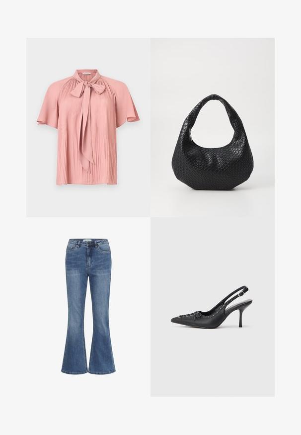 Lyserød plisseret bluse med korte kappeærmer og bundet sløjfe ved halsudskæringen, vist på en ensfarvet lys baggrund.; Blå denim jeans med høj talje, frontlukning med knap og lynlås, og let udvidede ben.; Sorte læder slingback stiletto med spids tå, side spændebånd, nitter langs kanten og dekorativ snøring foran.; Sort flettet håndtaske med et buet håndtag, der har en struktureret overflade og en afslappet form. Glat finish med en organisk silhuet.