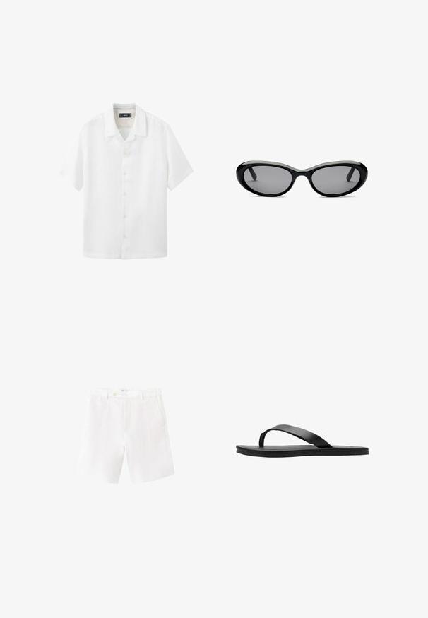 Chemise blanche à manches courtes avec col, boutons sur le devant et coupe décontractée, présentée sur un fond blanc uni.; Shorts blancs ajustés avec passants de ceinture, poches latérales et fermeture frontale avec bouton et zip.; Sandale plate noire type tongs avec une bride simple et une semelle fine, montrée de profil sur fond blanc.; Lunettes de soleil ovales noires avec des verres teintés foncés et une épaisse monture brillante, montrées de face sur un fond blanc.