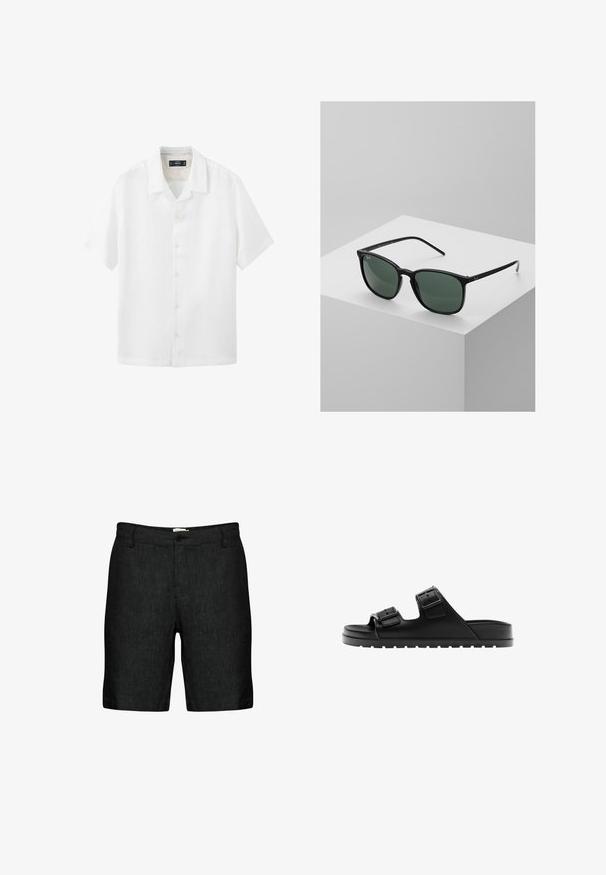 Wit overhemd met korte mouwen, knopen aan de voorkant, een kraag en een casual pasvorm, weergegeven op een effen witte achtergrond.; Zwarte linnen shorts met een vlakke voorkant, riemlussen en een enkele knoopsluiting. Ze hebben een gestructureerde stof en licht toegespitste broekspijpen.; Zwarte open-teen slidesandaal met twee verstelbare gespsluitingen en een getextureerde zool voor grip, gezien van opzij.; Zwarte rechthoekige zonnebril met donkergroene lenzen, voorzien van een lichtgewicht plastic frame en zilveren Accenten op de pijlen.