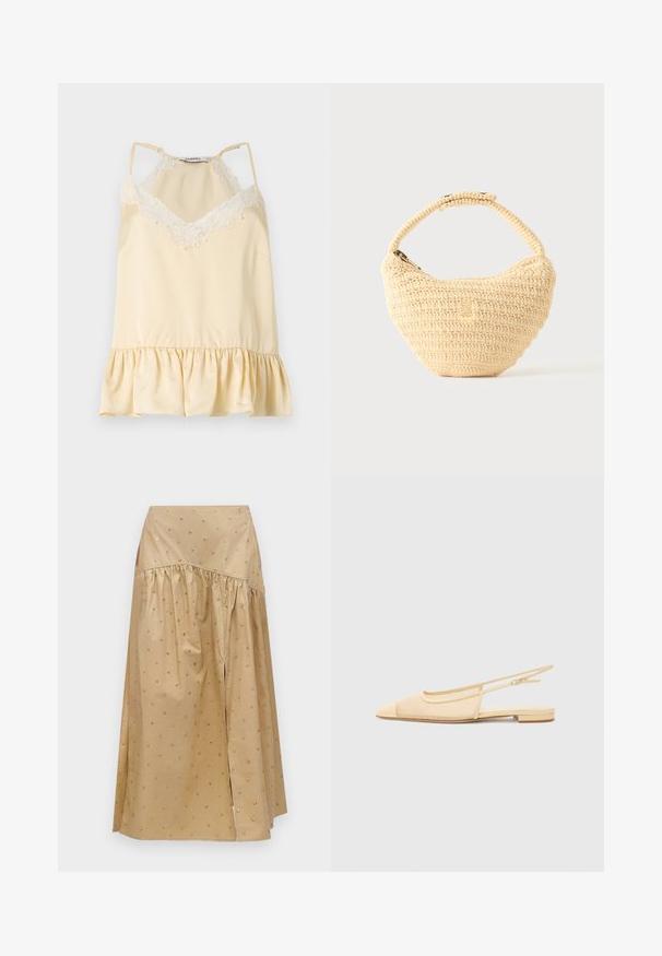 Camisole en satin crème avec bordure en dentelle blanche au niveau de l'encolure, bretelles spaghetti réglables et ourlet à volants.; Jupe midi beige avec couture froncée sous les hanches, ornée de petits clous brillants, et une fente devant sur un fond uni.; Chaussure plate slingback en beige clair avec une tige en maille, un bout pointu et un petit talon. Dotée d'une sangle ajustable pour un bon maintien.; Sac à main beige tissé avec corps arrondi, fermeture éclair et une sangle courte et épaisse dans un style crochet simple et texturé.