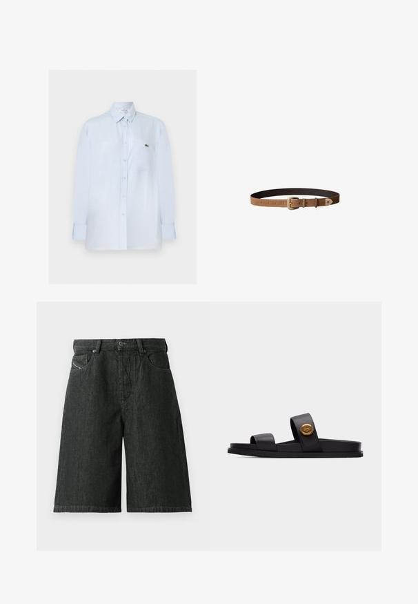 Chemise bleu clair à manches longues avec boutons, poche poitrine et petit logo crocodile vert sur la poche.; Shorts en denim noir avec une coupe ample, avec une fermeture à bouton et à glissière à l'avant, des passants de ceinture et deux poches avant. Tissu texturé avec des détails de couture.; Sandale noire à glissière avec deux larges brides, dont une ornée d'un emblème rond doré, semelle plate, isolée sur fond gris clair.; Ceinture en cuir suédé marron avec boucle dorée et petit emblème du logo à la pointe, présentée sur fond blanc.
