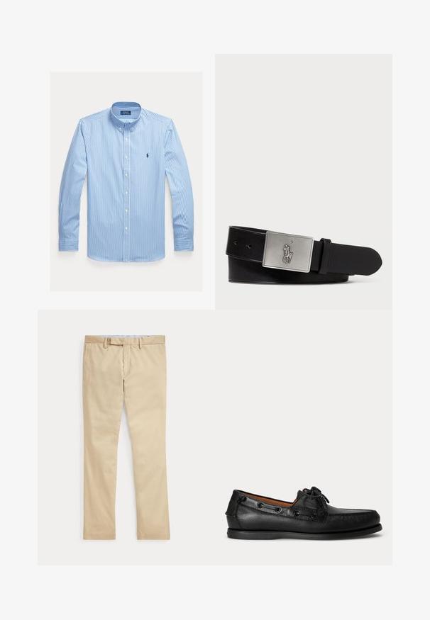 Blauw-wit verticaal gestreept overhemd met lange mouwen, knoopsluiting, kraag en Polo Ralph Lauren-logo op de borst.; Beige broek met rechte pijpen, ceintuurlussen en een voorrits, plat gelegd tegen een witte achtergrond.; Zwarte leren mocassin met veterdetail en lage rubberen zool, zijaanzicht op een eenvoudige lichte achtergrond.; Zwarte leren riem met een rechthoekige zilverkleurige metalen gesp met een reliëf van een ruiterlogo, een gladde textuur en vijf riemgaten.