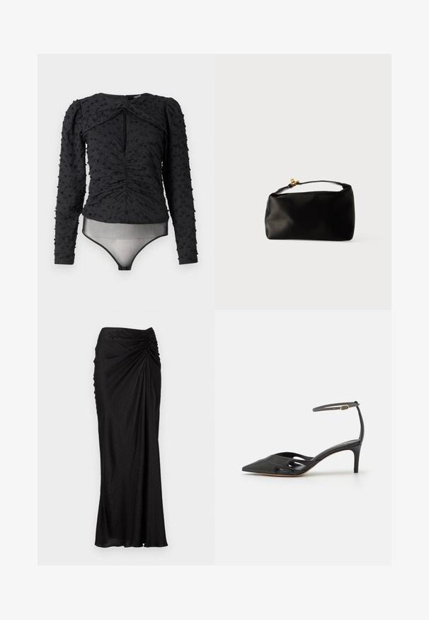 Hofmann Copenhagen EXCLUSIVE ALEXANDRA - Blúzka - black; Čierna midi sukňa z hladkej tkaniny s drapovaným dizajnom, textúrovanými bodkami a zberaným detailom v páse.; Čierna kožená topánka na vysokom opätku s špicatou špičkou, otvorenými stranami a tenkým remienkom okolo členka so zlatým kovovým detailom.; Čierna saténová taška v tvare guľatého pohlavia, s hornou rúčkou a zlatým zapínaním. Hladký povrch s minimalistickým dizajnom.