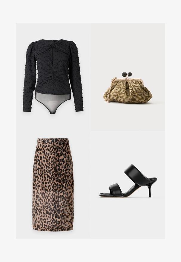 Hofmann Copenhagen EXCLUSIVE ALEXANDRA - Bluse - black; Leopardmønstret blyantskirt i beige og sort. Glat stof, tætsiddende design med knælang skæring og en skjult talje. Ingen synlige lukninger.; Sort læder mule sandal med to brede remme og en slank mellemhøj stiletthæl på en ensartet lys baggrund.; Lille clutch taske med gyldent og sort geometrisk mønster, guldfarvet metalramme, sort kuglelås og en kort guldkæde som rem.