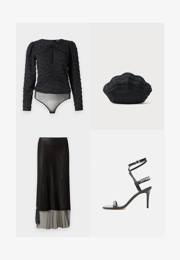 Hofmann Copenhagen EXCLUSIVE ALEXANDRA - Bluse - black; Sort mesh midi-nederdel med en tætsiddende talje, åben diamantmønster og en flowy foring i bunden for ekstra bevægelse og tekstur.; Sort højhælet sandal med tynd ankelrem, midtfodsrem dekoreret med sølvkædeled og åben tå-design.; Sort flet håndtaske formet som en muslingeskal med en buet top og flettet tekstur på en ensfarvet baggrund.