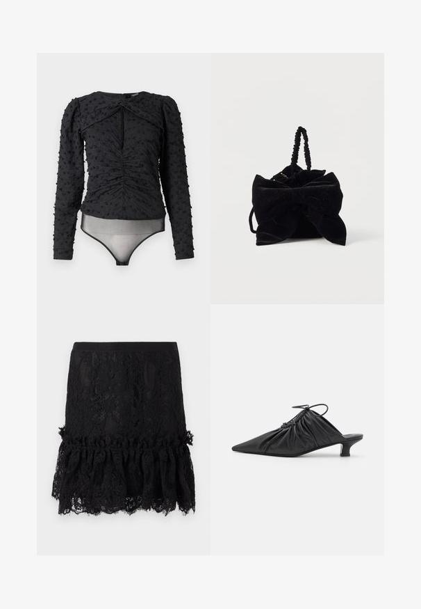 Hofmann Copenhagen EXCLUSIVE ALEXANDRA - Blouse - black; Jupe en dentelle noire avec un haut structuré, présentant un ourlet en dentelle volant. Le tissu exhibe des motifs floraux et une taille lisse.; Mules noirs en cuir à enfiler avec un bout pointu, une texture froncée et un petit talon aiguille. Présente un détail à cordon au niveau de l'ouverture.; Sac à main en velours noir avec un grand nœud décoratif, un design froncé et une poignée torsadée. Texture douce avec une subtile étincelle sur toute la surface.