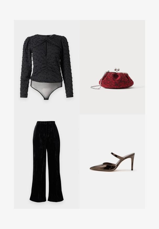 Hofmann Copenhagen EXCLUSIVE ALEXANDRA - Blouse - black; Pantalons larges en velours noir avec une texture douce, présentant une taille haute et de subtils rayures verticales. Conçus pour une coupe décontractée.; Mule à talon haut marron foncé brillant à bout pointu avec une fine bride sur le coup de pied sur fond blanc uni.; Petit sac pochette rouge orné de perles, avec fermoir argenté et chaîne sur un fond blanc uni.