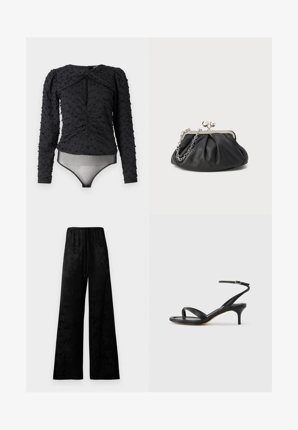 Hofmann Copenhagen EXCLUSIVE ALEXANDRA - Blouse - black; Pantalons noirs à jambes larges en tissu lisse, dotés d'une taille élastique, d'un cordon de serrage et d'un motif floral subtil.; Sandale pour femme en cuir noir avec fines lanières, une boucle d'orteil, une boucle à la cheville et un talon aiguille de hauteur moyenne sur un fond neutre.; Porte-monnaie en cuir noir avec texture froncée, cadre en métal argenté, fermeture à verrouillage kiss-lock et bandoulière en chaîne. Surface lisse et douce.