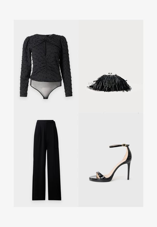 Hofmann Copenhagen EXCLUSIVE ALEXANDRA - Bluse - black; Sort brede bukser lavet af blødt stof, med høj talje og et matchende bælte, med en glat tekstur og uden synlige mønstre.; Sorte patentlæder høje hæle sandaler med ankelrem og guldspænde, åben tå og slank stilethæl på en ensfarvet baggrund.; Sort clutchtaske med frynser, sølvlukning og kæderem mod en ensartet lys baggrund.