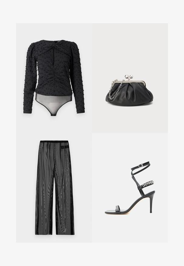 Hofmann Copenhagen EXCLUSIVE ALEXANDRA - Bluse - black; Schwarze Netz-Hosen mit weitem Bein, ausgestattet mit einem schwarzen elastischen Bund und seitlichen Einschubtaschen. Strukturierter, leichter Stoff.; Schwarze Sandalette mit hohem Absatz, schlankem Knöchelriemen, Mittelriemen verziert mit silbernen Kettengliedern und offenem Zehendesign.; Schwarze Leder-Clutch mit geraffter Textur, silberfarbener Metallrahmen, Druckverschluss und Kettenriemen. Glatte, weiche Oberfläche.