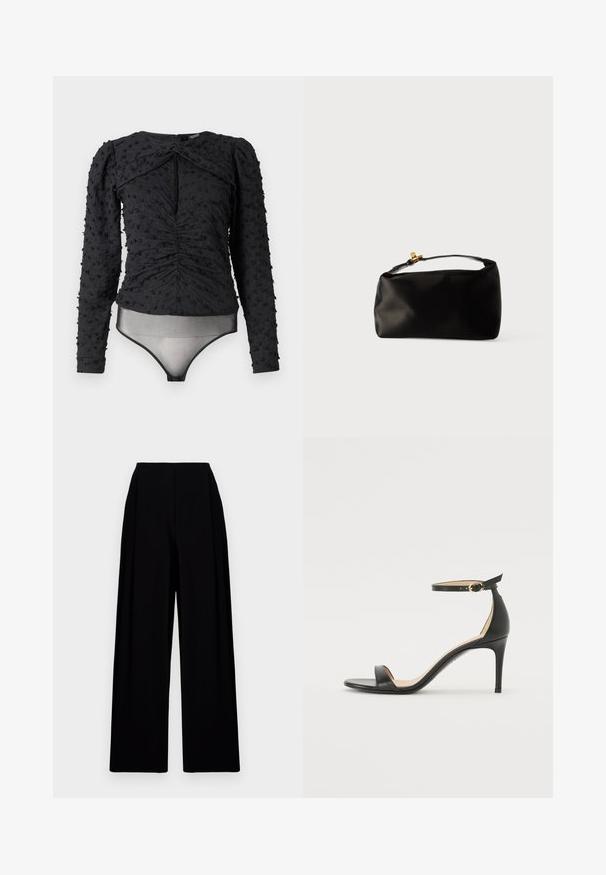 Hofmann Copenhagen EXCLUSIVE ALEXANDRA - Bluse - black; Schwarzweite Hosen mit hohem Bund, die eine glatte Textur und klare Linien aufweisen. Keine sichtbaren Verschlüsse oder Muster.; Schwarze Leder-high-heeled Sandale mit Knöchelriemen. Verfügt über eine glatte Textur, offene Zehen und einen dünnen Absatz. Goldfarbener Schnallenakzent.; Schwarze Satinbeuteltasche mit runder Form, einem oberen Griff und einem goldenen Verschlussakzent. Glatte Oberfläche mit minimalistischer Gestaltung.