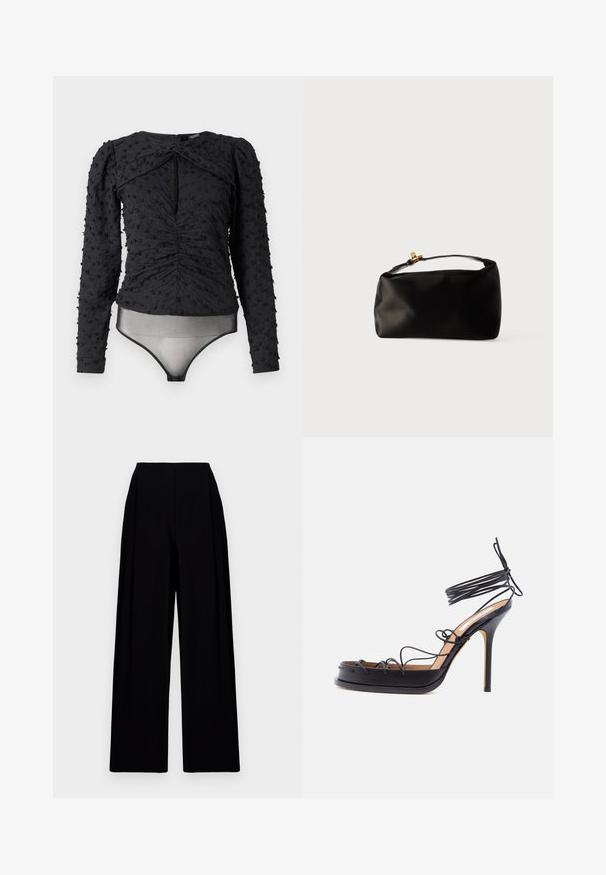 Hofmann Copenhagen EXCLUSIVE ALEXANDRA - Blouse - black; Pantalons noirs à jambes larges avec une taille haute, présentant une texture lisse et des lignes épurées. Aucun fermoir ou motif visible.; Sandale noire à talon haut avec des fines lanières en cuir entourant le pied et la cheville, dotée d'un talon aigu en forme de stiletto.; Pochette en satin noir avec une forme arrondie, une anse supérieure et un fermoir en doré. Texture lisse avec un design minimaliste.