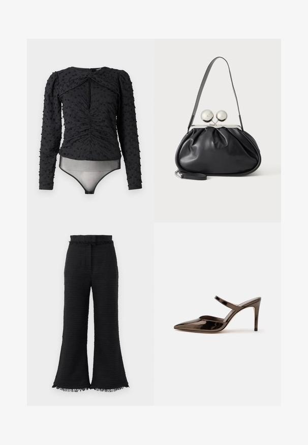 Hofmann Copenhagen EXCLUSIVE ALEXANDRA - Blusa - black; Pantalones de pierna ancha negros con tela texturizada, dobladillo deshilachado y cinturilla elástica. El diseño presenta un acabado suave y un ajuste relajado.; Mule de tacón alto de punta estrecha de color marrón oscuro brillante con una tira delgada sobre el empeine sobre un fondo blanco liso.; Bolso de mano de cuero negro con diseño fruncido, una sola correa, marco metálico plateado y dos cierres grandes redondos de plata.