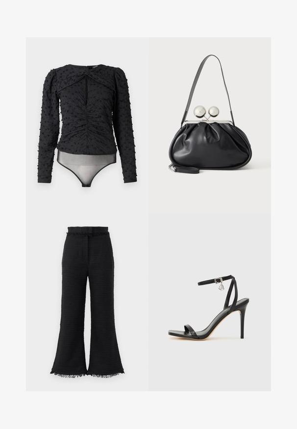 Hofmann Copenhagen EXCLUSIVE ALEXANDRA - Blusa - black; Pantalones de pierna ancha negros con tela texturizada, dobladillo deshilachado y cinturilla elástica. El diseño presenta un acabado suave y un ajuste relajado.; Sandalia de tacón alto negra con una estrecha correa en el tobillo, punta cuadrada, material de cuero liso y detalle de hebilla metálica.; Bolso de mano de cuero negro con diseño fruncido, una sola correa, marco metálico plateado y dos cierres grandes redondos de plata.