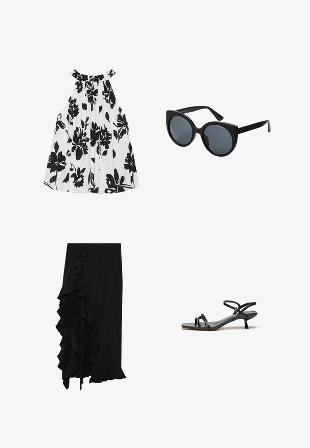 Haut sans manches noir et blanc à motif floral avec une texture plissée, un col rond et un imprimé floral audacieux mettant en avant de grandes fleurs sombres.; Jupe noire en tissu doux avec un détail à volants sur le côté gauche et une finition à volants en bas, créant une silhouette fluide.; Sandale en cuir noir au design épuré et minimaliste. Dotée de deux fines lanières et d'un petit talon incliné. Texture lisse et bout ouvert.; Lunettes de soleil oversize noires en forme d'œil de chat, avec des verres teintés foncés et une monture en plastique brillant. Caractéristiques de branches épaisses pour le soutien.