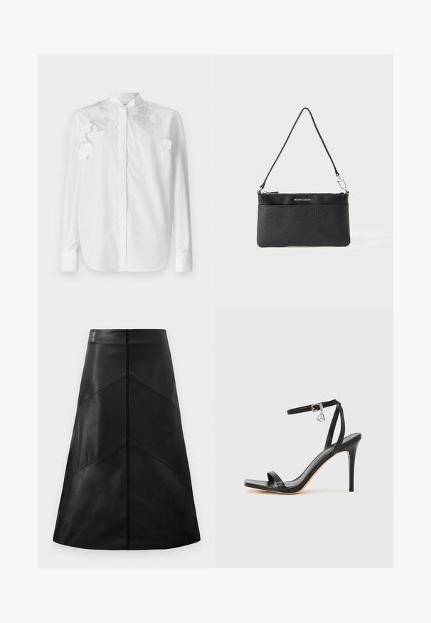 Chemise blanche à manches longues en coton avec un col mandarin. Présente des accents de volants superposés sur les épaules et une fermeture à boutons sur le devant.; Jupe en cuir noir en forme A avec une texture lisse, arborant des motifs de coutures géométriques et une fermeture éclair dissimulée à l'arrière.; Sandale à talon haut noire avec une bride étroite à la cheville, bout carré, cuir lisse et accent de boucle métallique.; Porte-monnaie en cuir noir, finition texturée, fermeture à glissière, quincaillerie en métal argenté, logo de la marque, bandoulière réglable. Forme compacte et rectangulaire.