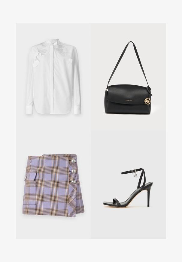 Hvid langærmet skjorte i bomuld med ståkrave. Har lagdelte flæse-accents på skuldrene og knaplukning foran.; Rabanne Mini skirts - purple/orange/cream/blue; Sort hæl-sandal med smal ankrem, firkantet tå-boks, glat lædermateriale og metalspænde som pynt.; Sort skuldertaske i læder med klap, guldfarvet Michael Kors-logo vedhæng og justerbar rem på en simpel lys baggrund.