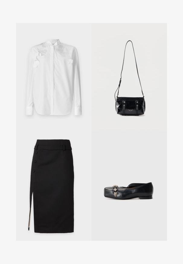 Chemise blanche à manches longues en coton avec un col mandarin. Présente des accents de volants superposés sur les épaules et une fermeture à boutons sur le devant.; Jupe crayon noire taille haute avec fente latérale, trois boutons recouverts et détail de passants de ceinture assortis à la taille.; Chaussure plate en cuir noir avec un bout carré, sangle élastique et ornement métallique à l'avant, présentant une texture lisse et un talon minimal.; Sac à bandoulière en cuir noir avec sangle réglable, deux fermetures éclair verticales sur le devant et un petit emblème métallique en forme d'aile sous les fermetures éclair.