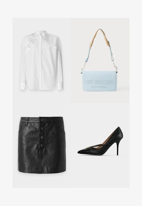 Chemise blanche à manches longues en coton avec un col mandarin. Présente des accents de volants superposés sur les épaules et une fermeture à boutons sur le devant.; Jupe en cuir noir avec une taille haute, fermeture à bouton sur le devant, deux poches latérales et une forme légèrement évasée. Fini texturé.; Chaussure à talon haut en cuir noir avec bout pointu et fine bride sur le dessus, maintenue par une petite boucle dorée sur un fond uni.; Sac à main rectangulaire bleu clair avec bandoulière beige réglable et "LOVE MOSCHINO Made with love" embossé sur le rabat avant.