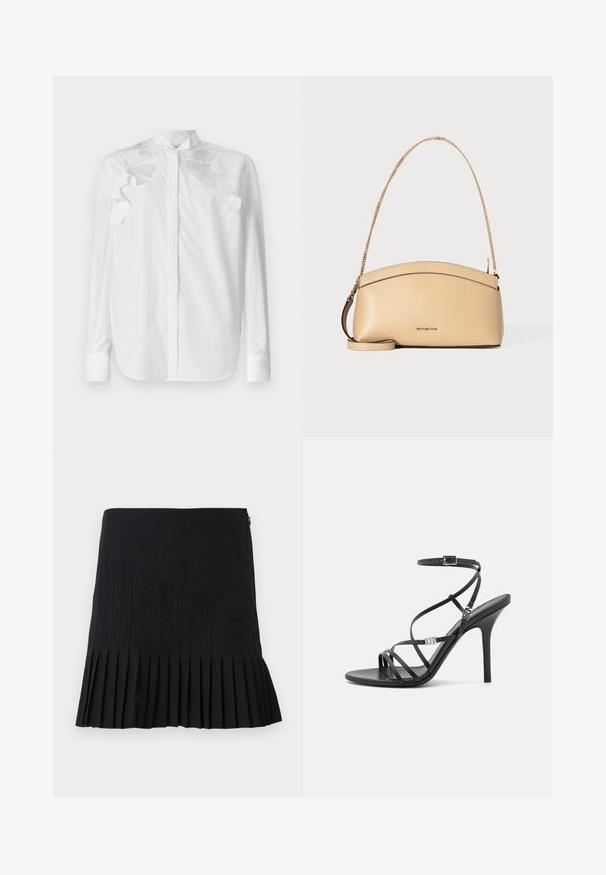 Chemise blanche à manches longues en coton avec un col mandarin. Présente des accents de volants superposés sur les épaules et une fermeture à boutons sur le devant.; Jupe plissée noire avec des panneaux diagonaux cousus, une taille cintrée et un ourlet évasé. Les matériaux semblent légers et lisses.; Sandale noire à talons hauts avec des brides fines, une boucle à la cheville, une surface en cuir lisse et un talon aiguille élancé.; Sac à main en cuir beige avec bord supérieur incurvé, bandoulière chaîne dorée et petit logo doré centré à l'avant.