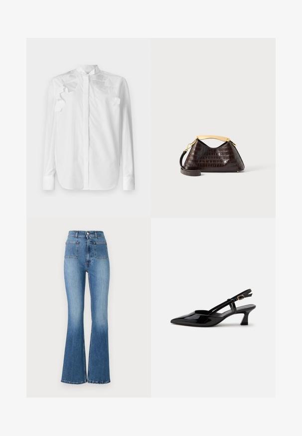 Chemise blanche à manches longues en coton avec un col mandarin. Présente des accents de volants superposés sur les épaules et une fermeture à boutons sur le devant.; Jean en denim bleu évasé avec taille haute, comportant deux poches arrière et un délavage. L'ourlet est cousu avec un design subtil.; Chaussure slingback en cuir verni noir à petit talon, bout pointu et bride réglable avec boucle dorée sur fond blanc.; Sac à main marron foncé embossé crocodile avec poignée supérieure incurvée dorée et bandoulière amovible sur fond blanc.