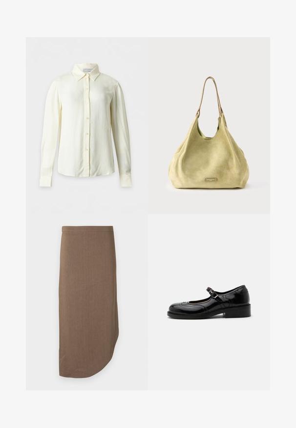 Blouse crème à manches longues avec col pointu et boutons devant, présentée sur un fond uni sans motifs ni objets supplémentaires.; Jupe crayon marron longueur genou avec un ourlet asymétrique et une taille ajustée, affichée sur fond blanc.; Chaussure Mary Jane en cuir verni noir avec un petit talon bloc et une bride à boucle argentée, vue de profil sur fond blanc.; Sac à main en daim vert clair, présentant une texture douce, une forme arrondie et une bandoulière en cuir avec un subtil accent métallique du logo.