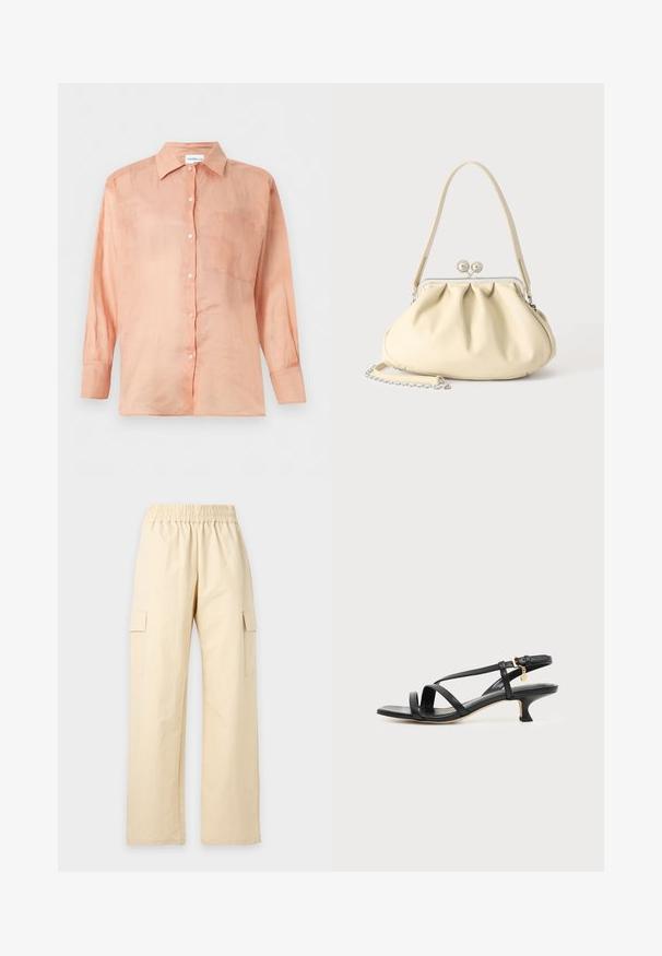 Chemise à manches longues couleur pêche claire avec col et une poche poitrine, présentée sur un fond blanc uni.; Pantalon beige à jambes larges avec ceinture élastique et poches cargo latérales, présenté sur un fond clair uni.; Sandale noire en cuir à brides fines, talon bas kitten, boucle à la cheville et petit pendentif doré sur fond clair uni.; Sac à main en cuir souple couleur crème avec un design froncé, fermoir cadre argenté, poignée courte et bandoulière chaîne amovible.