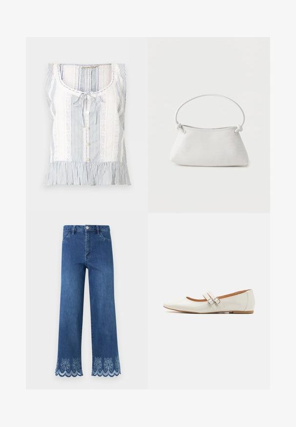 Ærmeløs blå- og hvidstribet bluse med blondepaneler, knapper foran, snørredetalje ved halsen og flæsekant nederst.; Blå denimjeans med høj talje og bølget blomstret blondeudsmykning langs de brede benkanter.; Hvide patentlæder flade sko med spids tå, to dekorative stropper med sølvspænder og en diskret brun sål.; Hvid fletlæderhåndtaske med afrundet håndtag og ender på remmen, der er knyttet, vist mod en ensfarvet baggrund.
