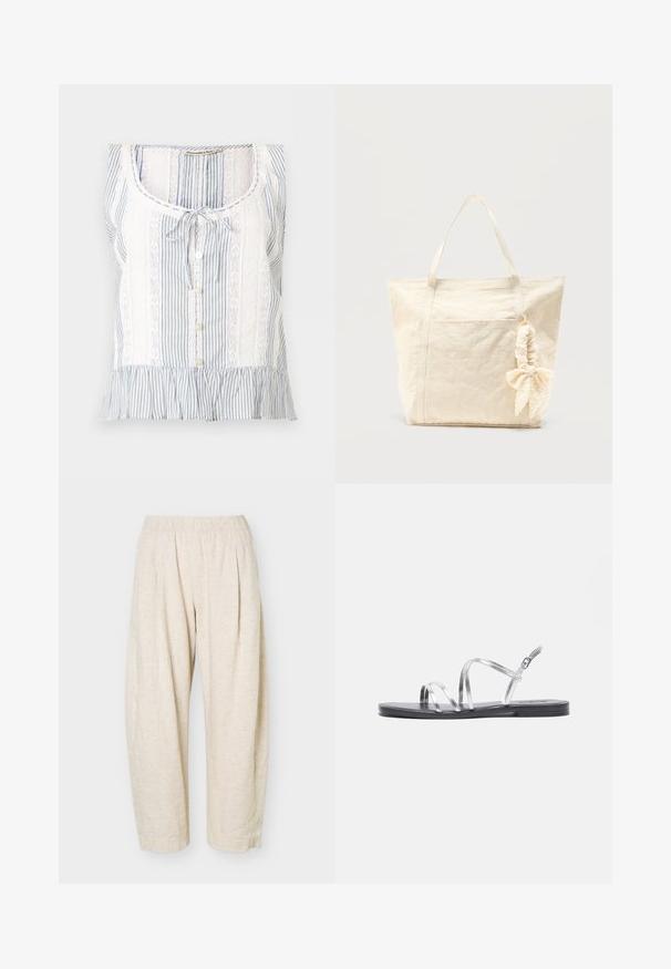 Mouwloze blauw-wit gestreepte blouse met kanten inzetstukken, knopen aan de voorkant, gestrikte halslijn en geplooide zoom.; Beige linnen broek met een losse pasvorm, een elastische tailleband en subtiele plooien aan de voorkant, geschikt voor dagelijks gebruik.; Zilveren sandaaltjes met straps en een platte zwarte zool, voorzien van dunne metallic banden en een verstelbare enkelgesp. Gelijke en gladde textuur.; Beige canvas boodschappentas met twee handvatten en een scrunchie met strik bevestigd aan één handvat, tegen een effen achtergrond.