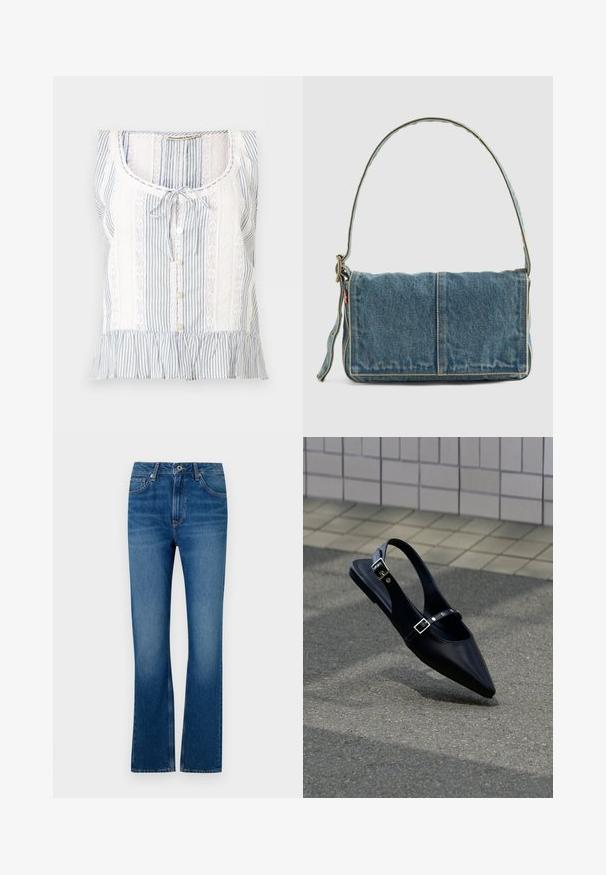 Blouse sans manches à rayures bleues et blanches avec panneaux en dentelle, boutons devant, col noué et ourlet à volants.; Jeans en denim bleu évasés avec un design à cinq poches, braguette zippée et texture délavée. Comprend des accents de couture et une taille standard.; Mocassin noir à bout pointu et bride arrière, avec double boucle, posé sur un asphalt gris près d'un mur carrelé en arrière-plan.; Sac à épaule en denim avec un design à rabat, couleur bleu clair, couture visible, bandoulière ajustable et accent avec étiquette latérale.