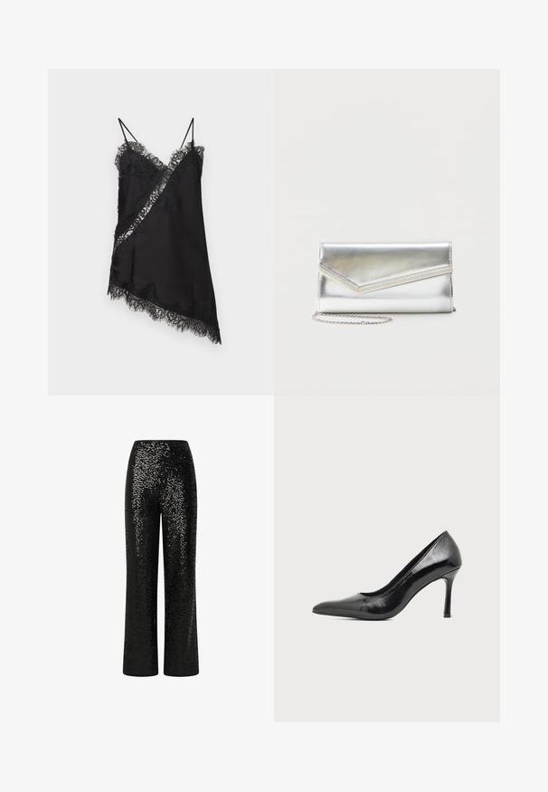 Schwarzes asymmetrisches Negligékleid mit Spitzensaum, diagonalem Spitzeneinsatz und dünnen Schulterträgern auf hellem Hintergrund.; Schwarze Pailletten-Hosen mit geradem Bein, ausgestattet mit einem glatten Bund und reflektierender Textur, die einen schimmernden Effekt erzeugt.; Schwarzer Damenspitzschuh aus Lackleder mit spitzer Zehenpartie und schlankem Absatz auf hellem, schlichter Hintergrund.; Glänzende silberne Clutch mit Umschlagklappe und dekorativem Besatz, kleiner silberner Kettenriemen, auf einfachem hellem Hintergrund.